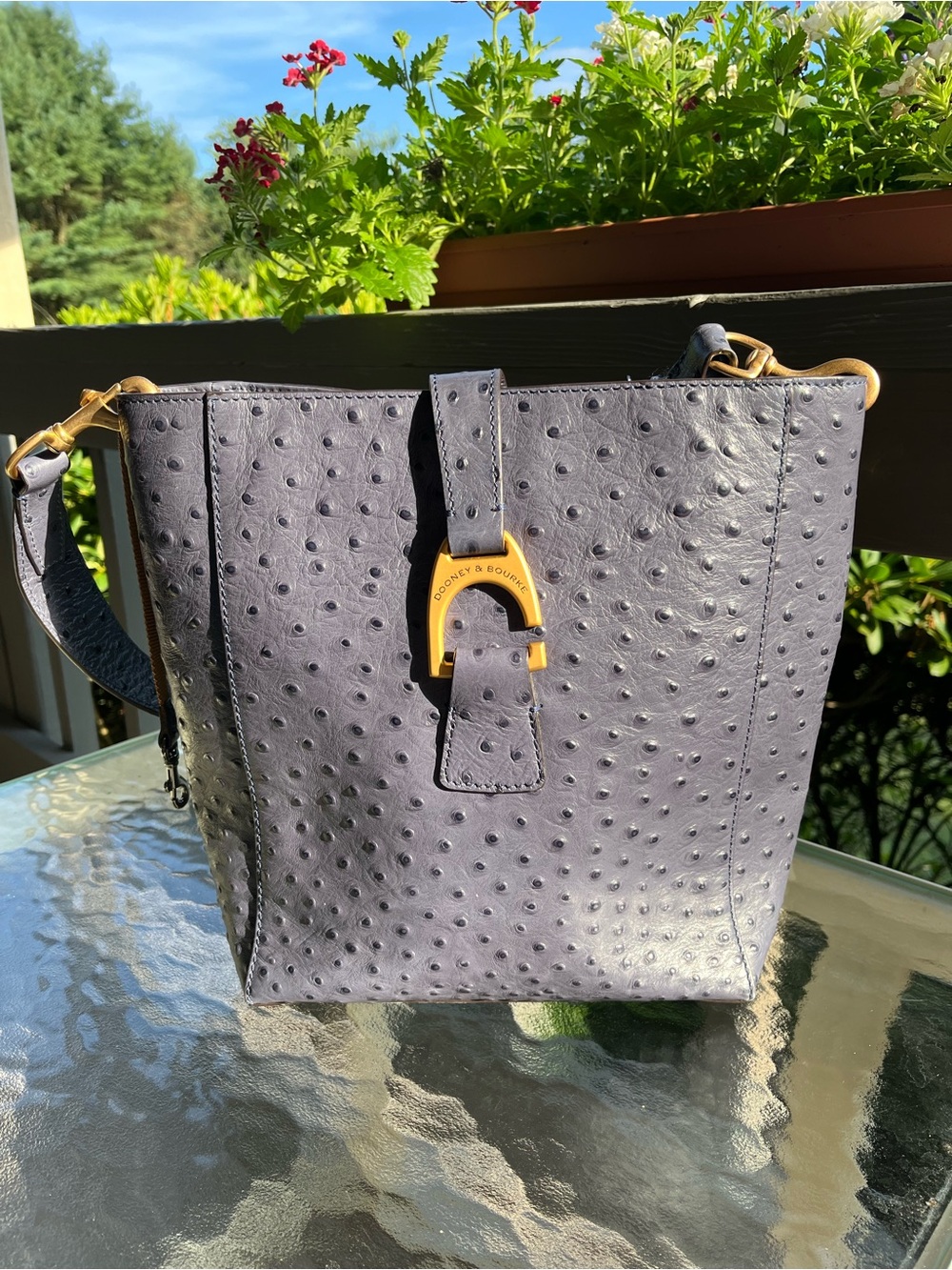 Dooney & Bourke Slate Blue Ostrich-Embossed Leather Crossbody Bucket Bag